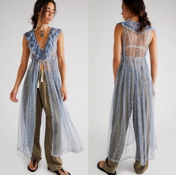 Free People In Paris Maxi Top Sheer Duster Blue - Picture 15 of 16